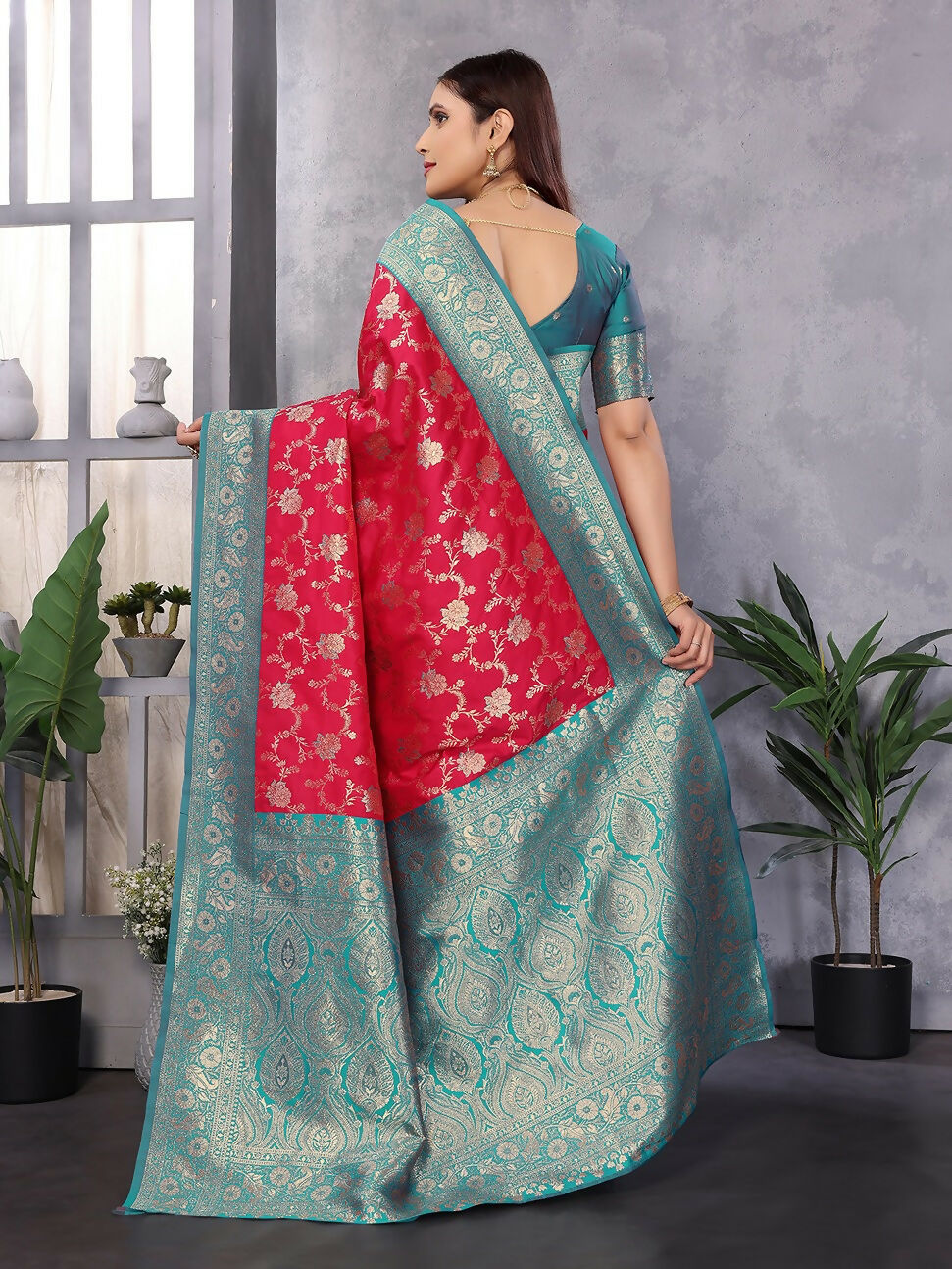Banarasi Red Woven Soft Silk Saree with Matching Blouse