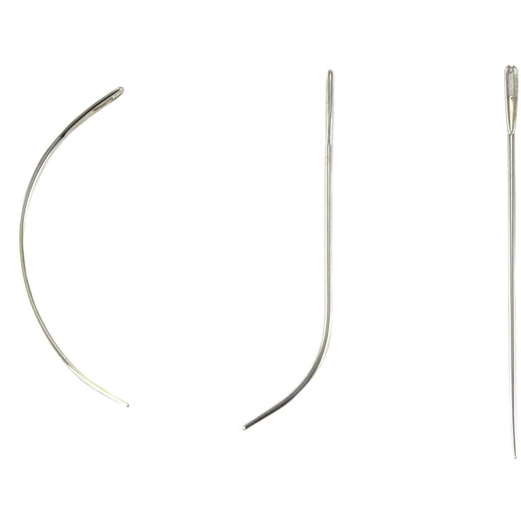 A set of assorted curved, J-shape, and straight sewing needles on a neutral background.