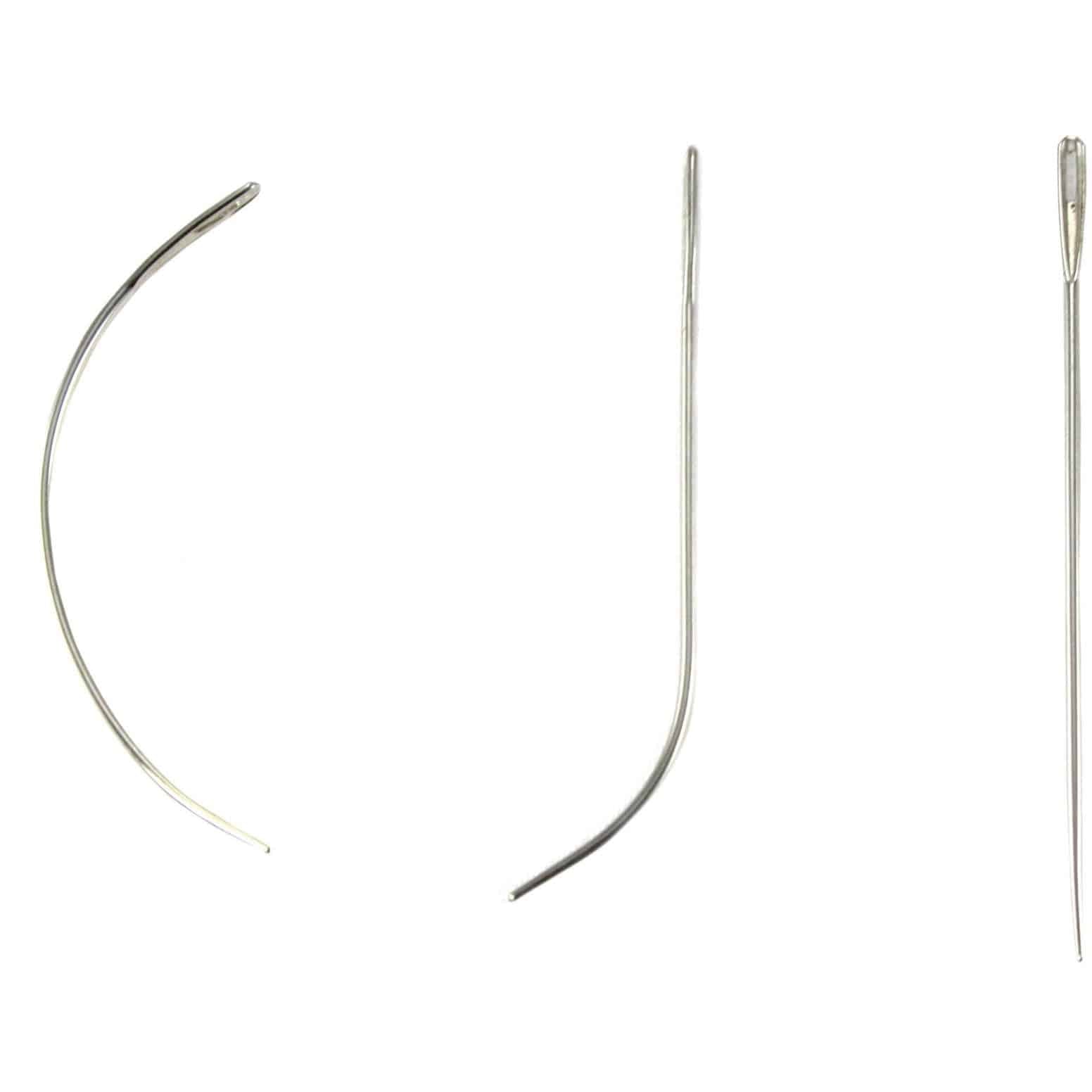 A set of assorted curved, J-shape, and straight sewing needles on a neutral background.