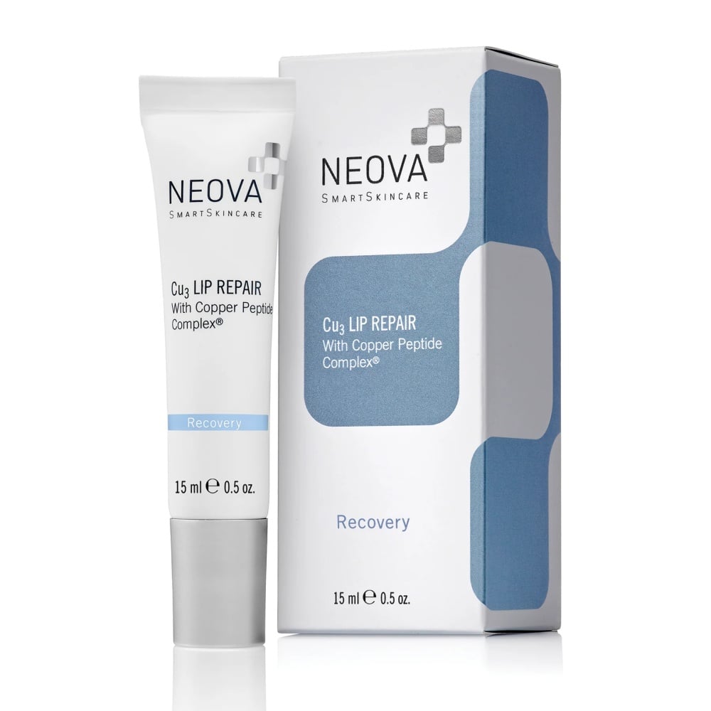 Neova Cu3 Lip Repair recovery balm in white, blue, and silver packaging