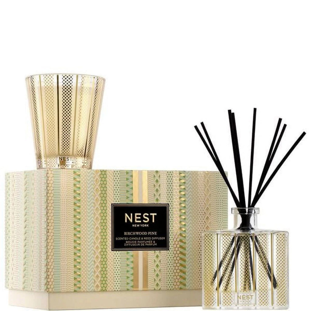Birchwood Pine candle and reed diffuser set in elegant geometric white and gold vessels