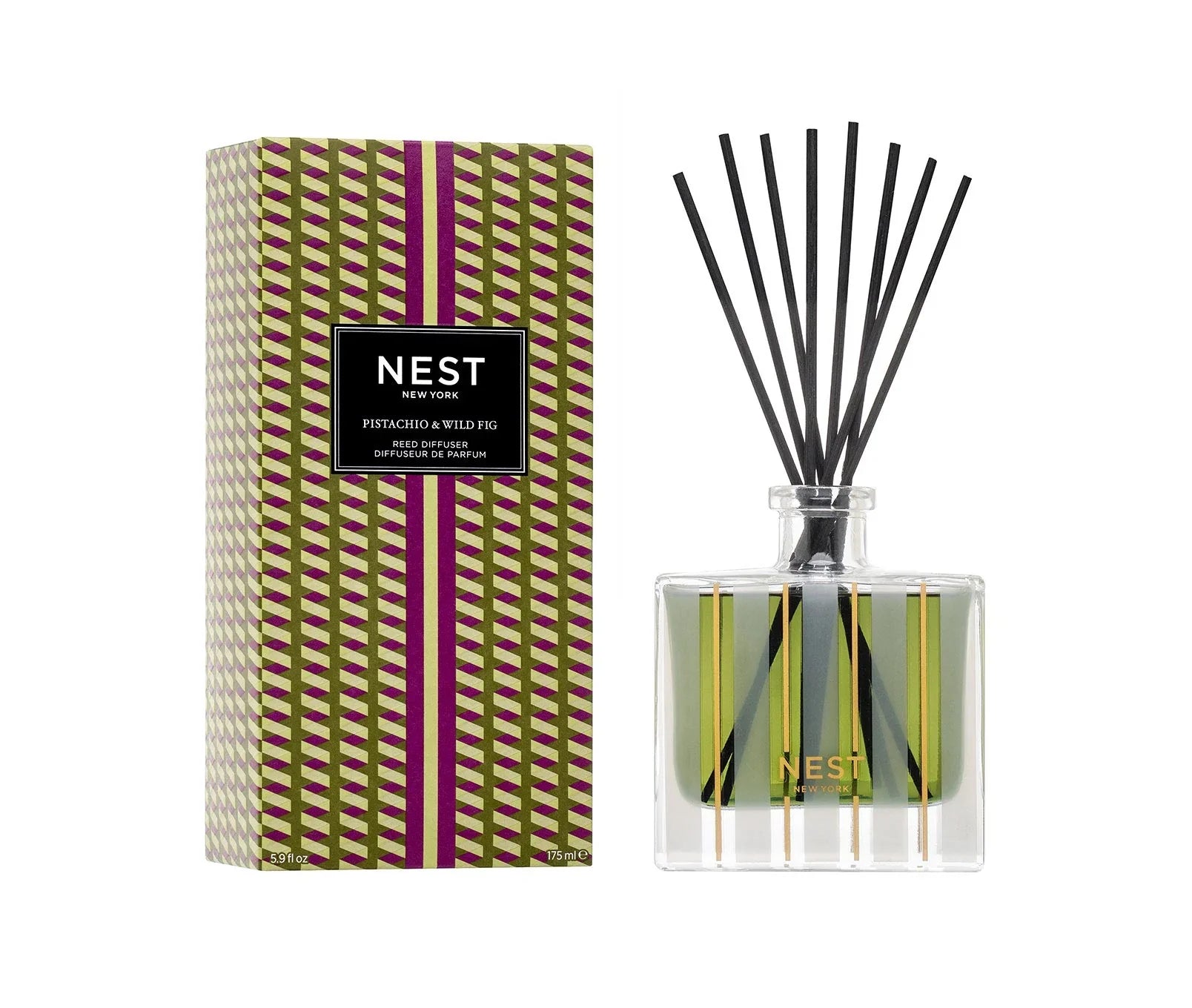 NEST New York Pistachio and Wild Fig Reed Diffuser in a glass bottle with olive green and plum geometric print and gold accents.