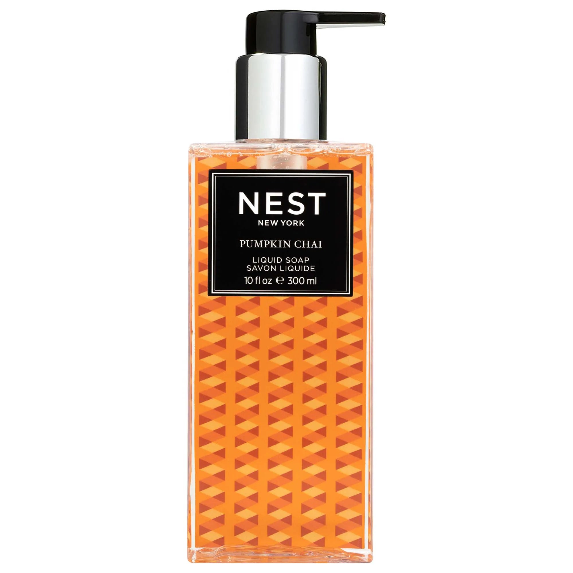 A 10 OZ bottle of Nest New York Pumpkin Chai Liquid Soap featuring autumn-inspired branding.