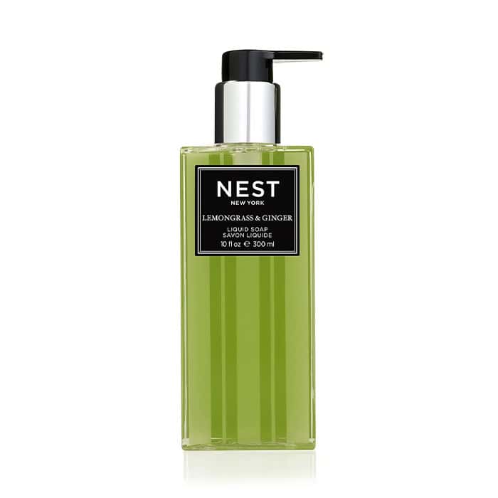 Nest New York Lemongrass & Ginger 10 oz liquid soap bottle in lime-green with modern black and silver branding.