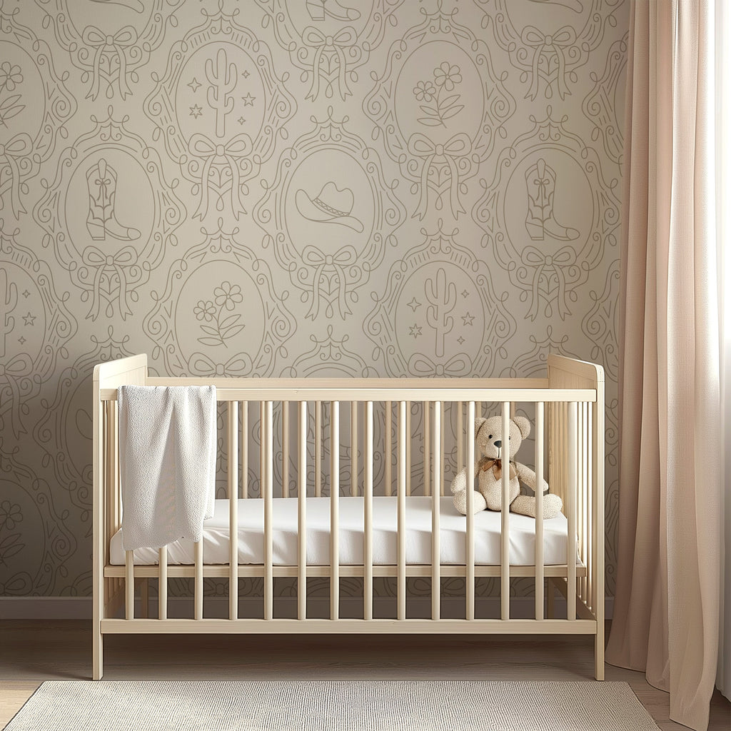 Laramie Wallpaper in Pink, Blue and Sage-Green Western-Whimsy
