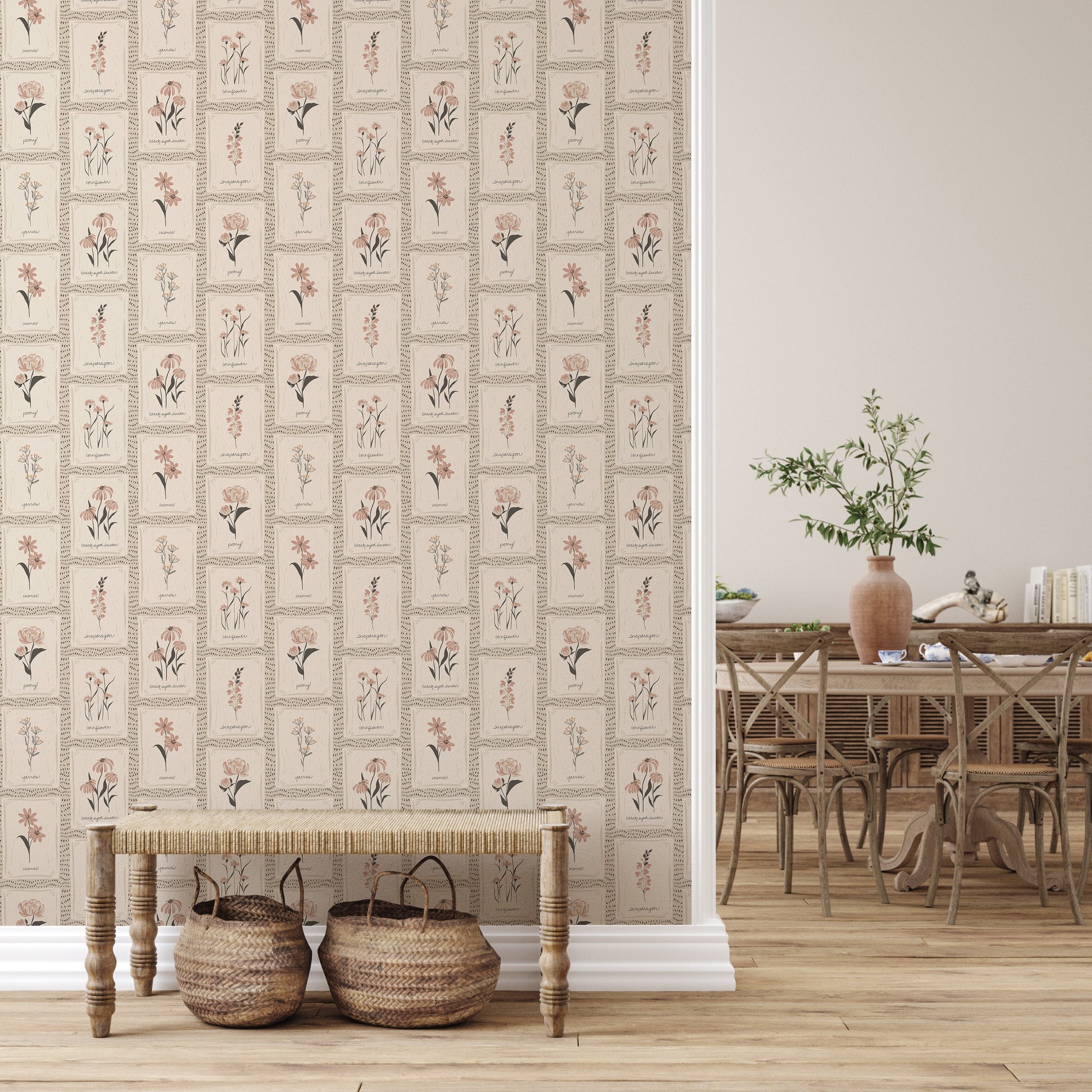 Susan Floral Wallpaper – Vintage Botanical Beige, Mauve & Green
