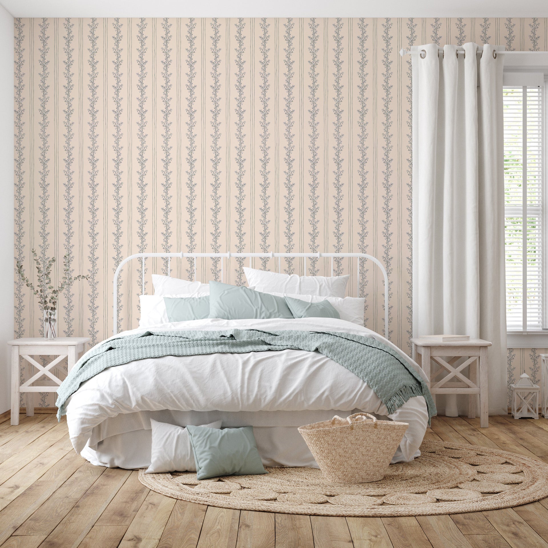Janie Floral Wallpaper in Blue, White, Charcoal, and Cream