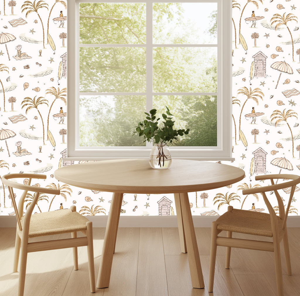 Reef Coastal Wallpaper in Sage-Green, Tan, and Pastel-Pink