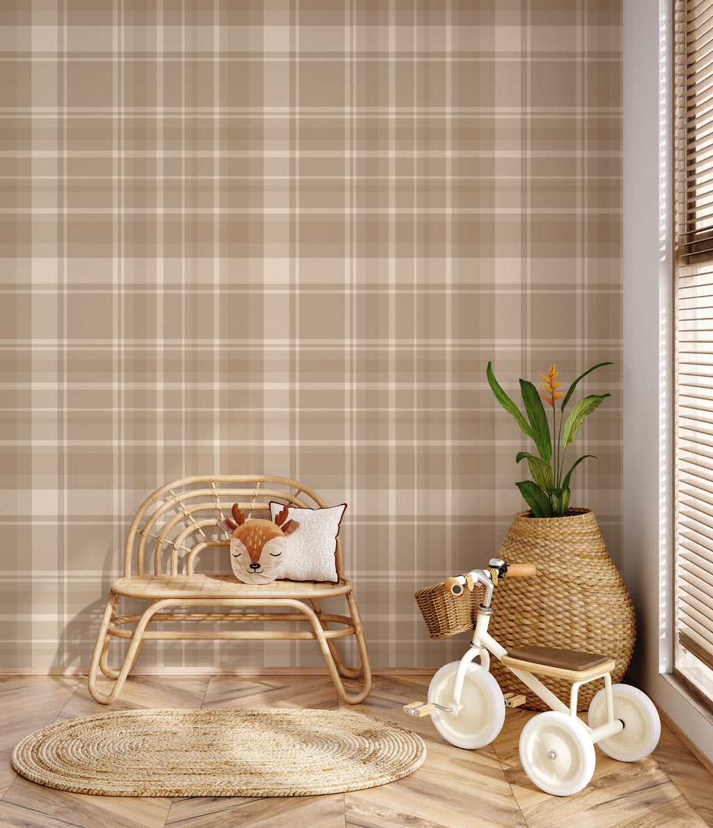 Classic Plaid Wallpaper in Blue-Grey, White, Pink, and Yellow