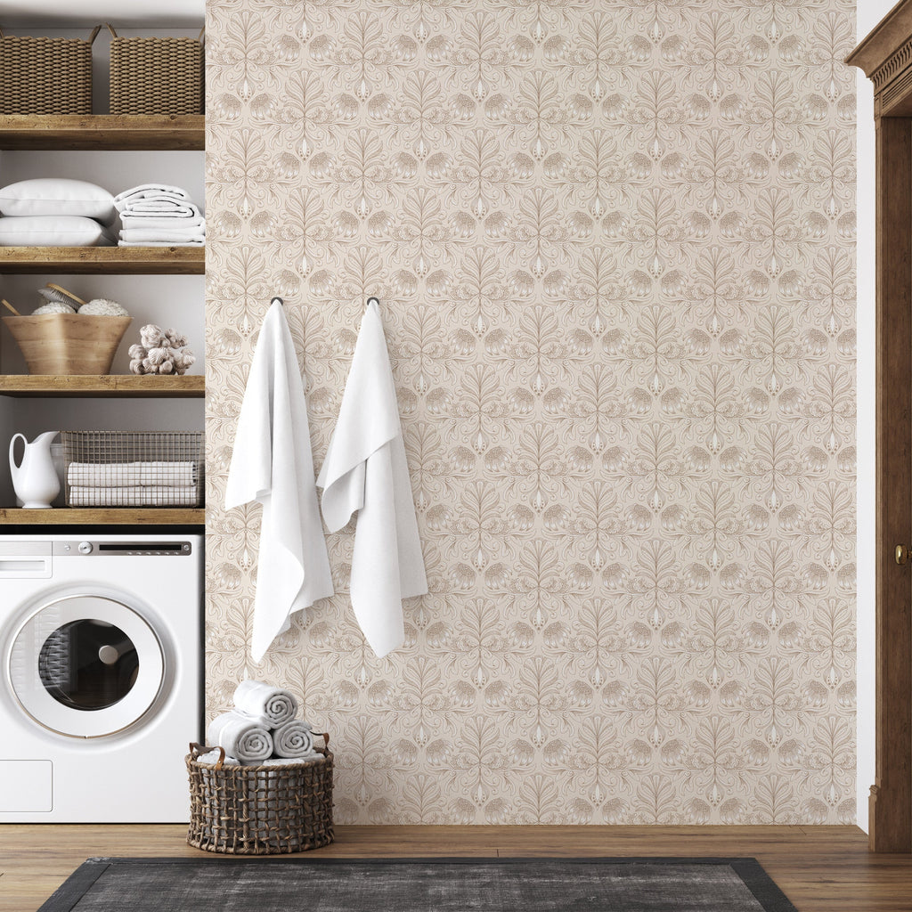 Swinton floral wallpaper in pink, beige, and cream with a traditional romantic aesthetic.