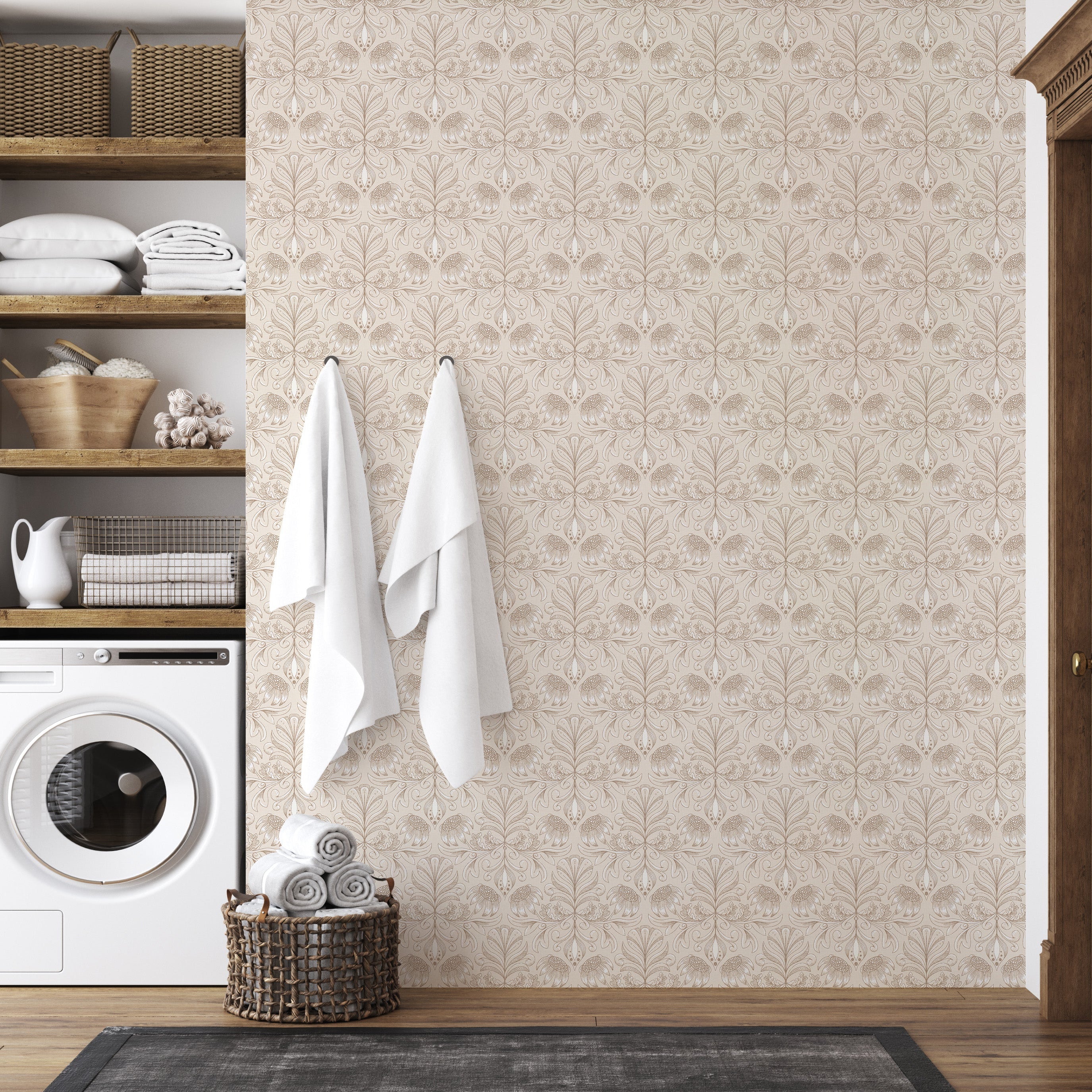 Swinton floral wallpaper in pink, beige, and cream with a traditional romantic aesthetic.