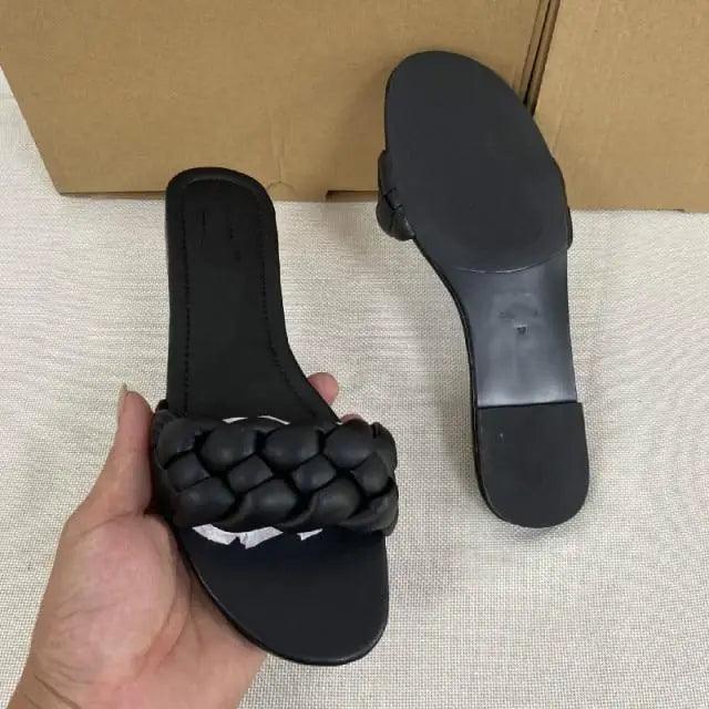 Women’s Leather Flat Slides – Minimalist Designer Summer Sandals