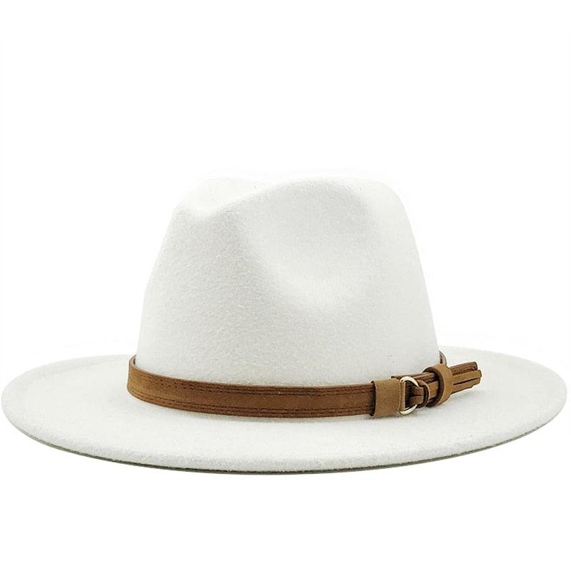 Unisex classic wide brim fedora in navy blue and tan