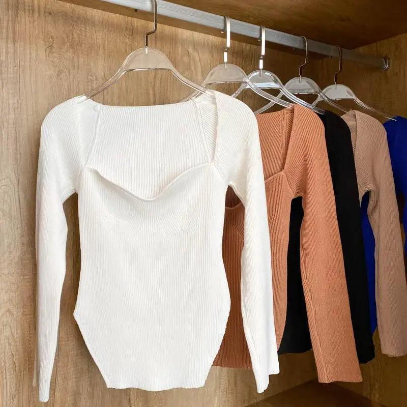 Square Collar Long Sleeve Knitted Pullover Sweater Black and White