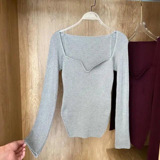 Square Collar Long Sleeve Knitted Pullover Sweater Black and White