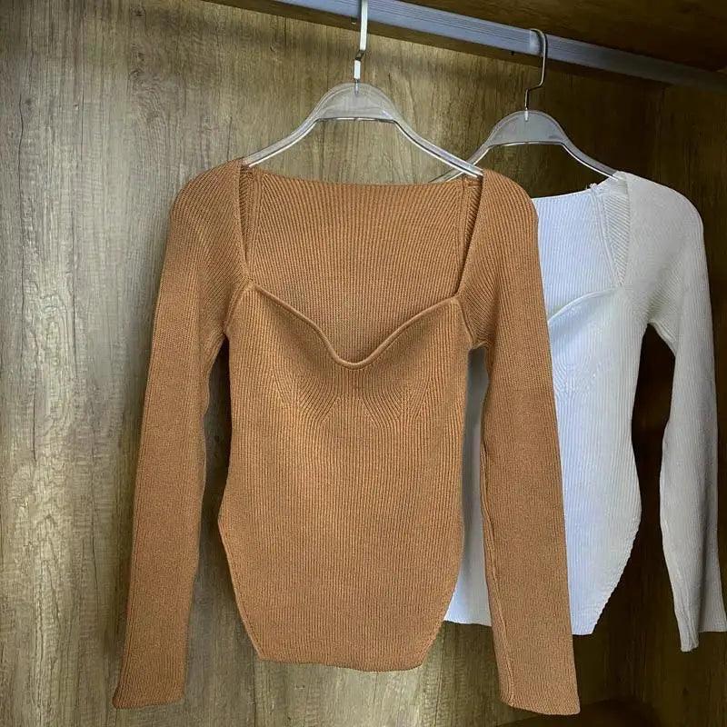 Square Collar Long Sleeve Knitted Pullover Sweater Black and White