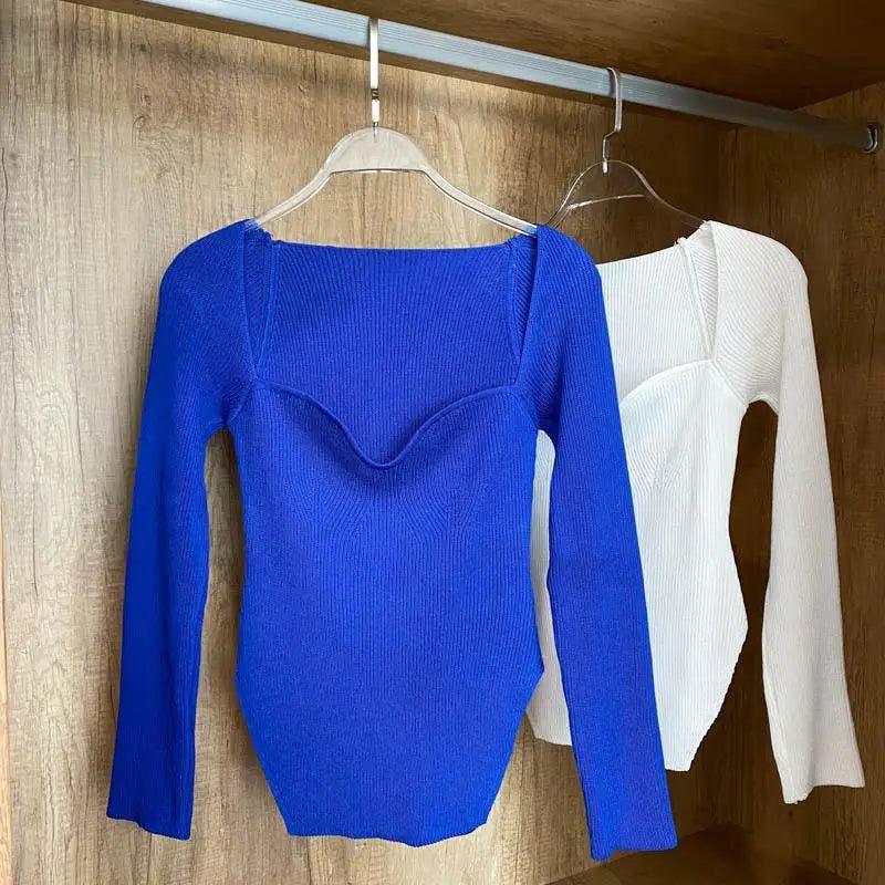 Square Collar Long Sleeve Knitted Pullover Sweater Black and White