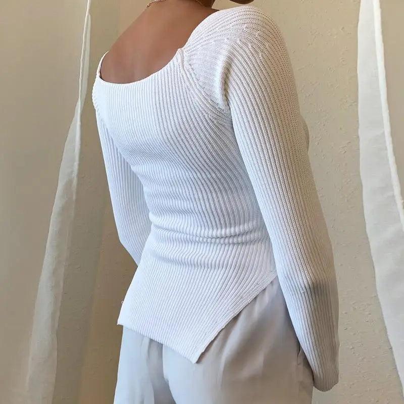 Square Collar Long Sleeve Knitted Pullover Sweater Black and White