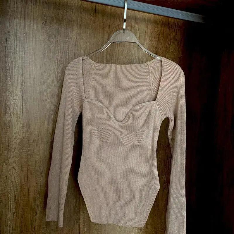 Square Collar Long Sleeve Knitted Pullover Sweater Black and White