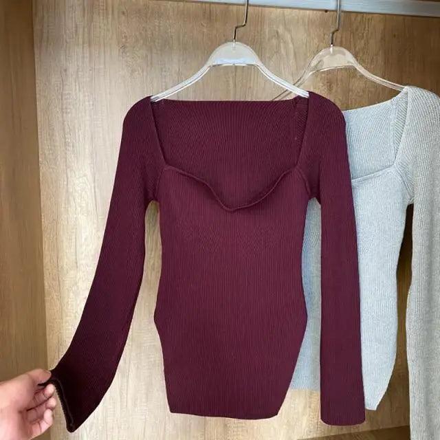 Square Collar Long Sleeve Knitted Pullover Sweater Black and White