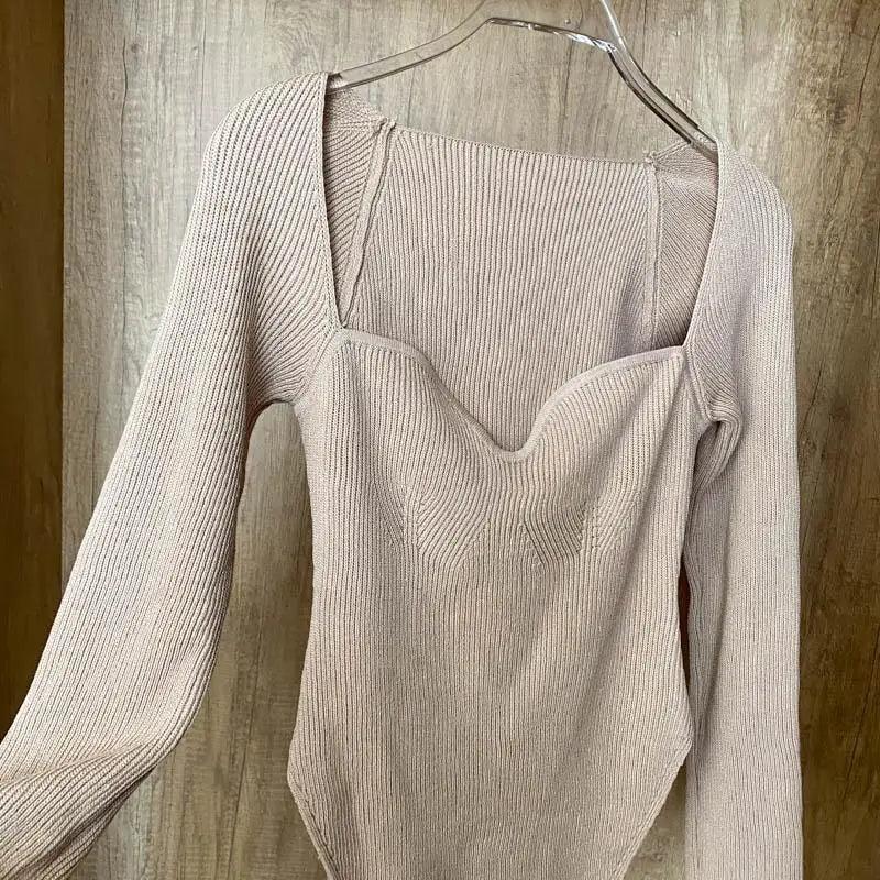 Square Collar Long Sleeve Knitted Pullover Sweater Black and White