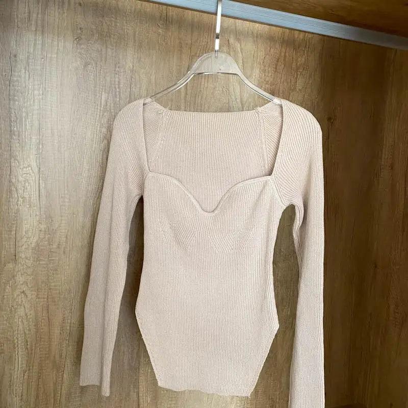 Square Collar Long Sleeve Knitted Pullover Sweater Black and White