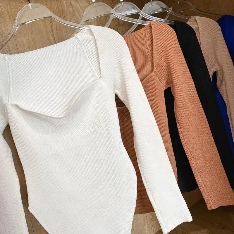 Square Collar Long Sleeve Knitted Pullover Sweater Black and White