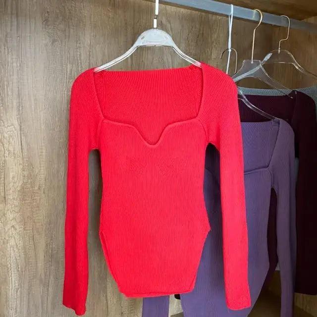 Square Collar Long Sleeve Knitted Pullover Sweater Black and White