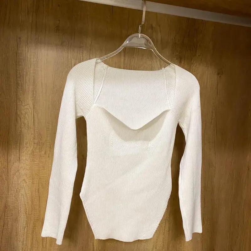 Square Collar Long Sleeve Knitted Pullover Sweater Black and White