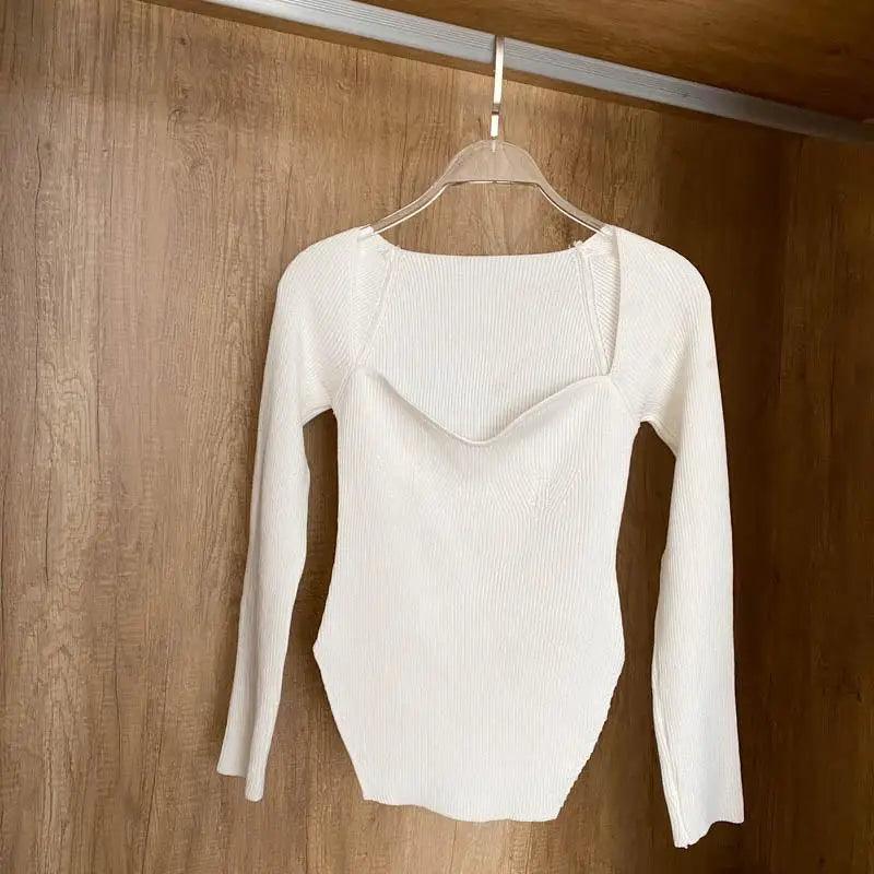 Square Collar Long Sleeve Knitted Pullover Sweater Black and White
