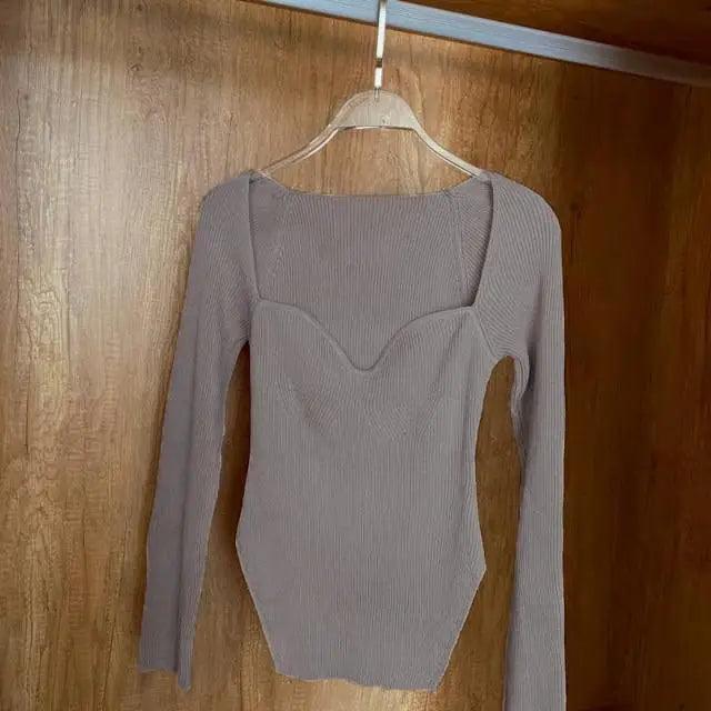 Square Collar Long Sleeve Knitted Pullover Sweater Black and White