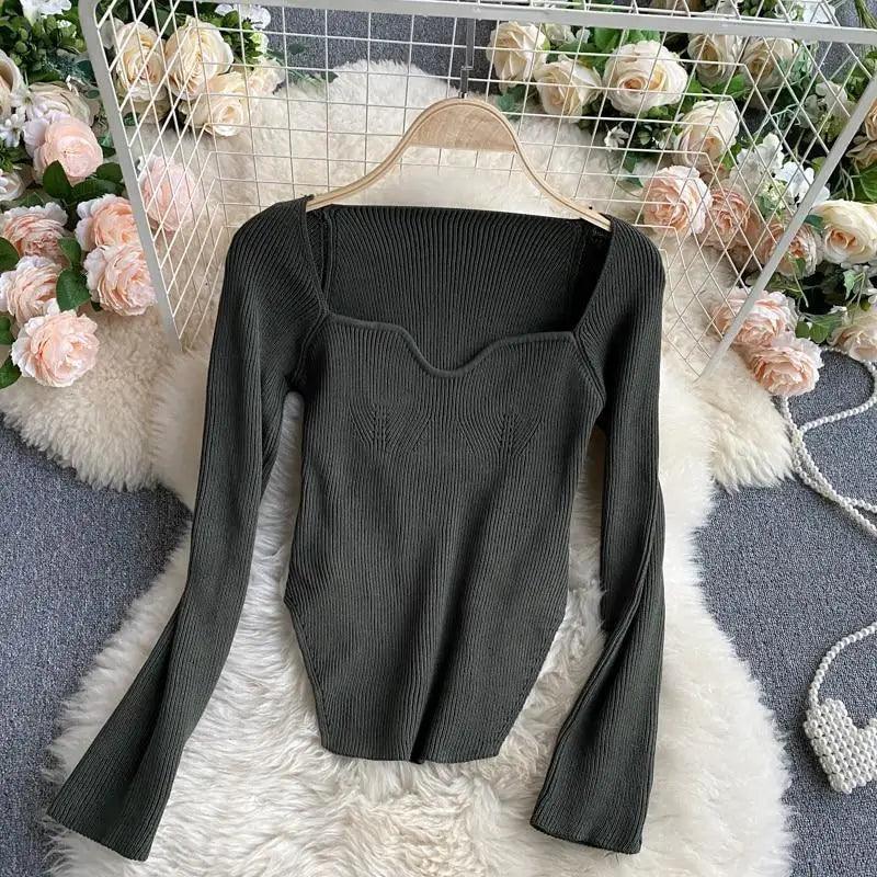Square Collar Long Sleeve Knitted Pullover Sweater Black and White