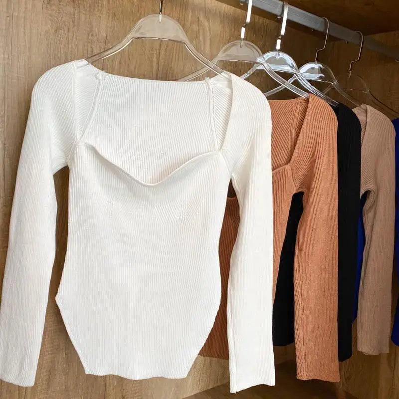 Square Collar Long Sleeve Knitted Pullover Sweater Black and White