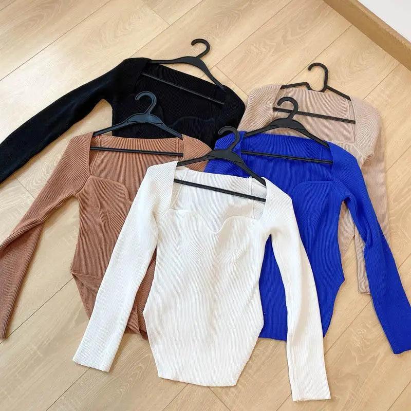 Square Collar Long Sleeve Knitted Pullover Sweater Black and White