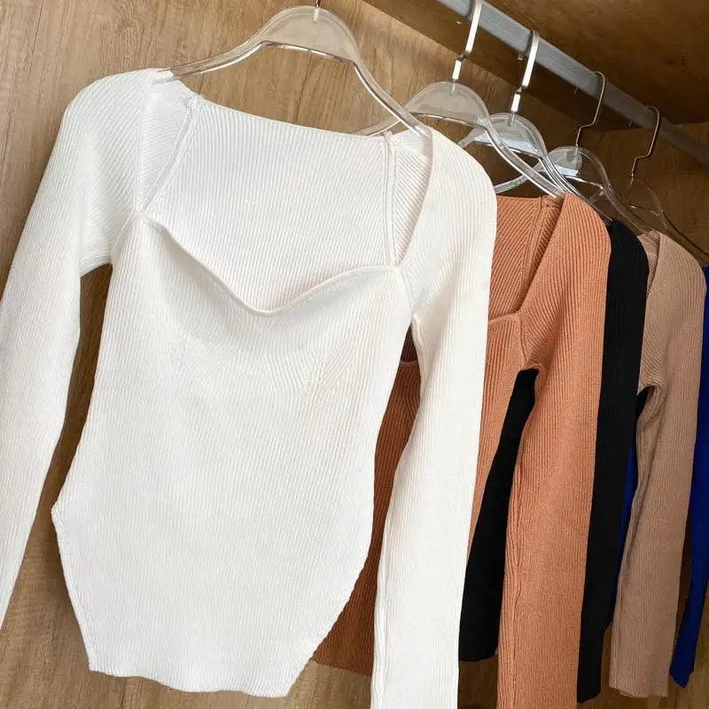 Square Collar Long Sleeve Knitted Pullover Sweater Black and White