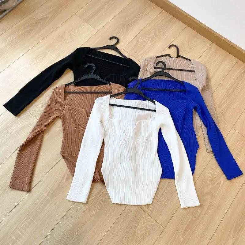 Square Collar Long Sleeve Knitted Pullover Sweater Black and White
