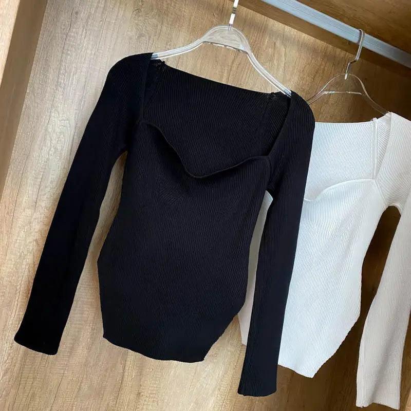 Square Collar Long Sleeve Knitted Pullover Sweater Black and White