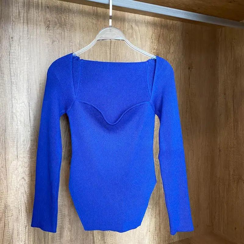 Square Collar Long Sleeve Knitted Pullover Sweater Black and White