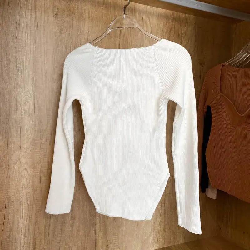 Square Collar Long Sleeve Knitted Pullover Sweater Black and White