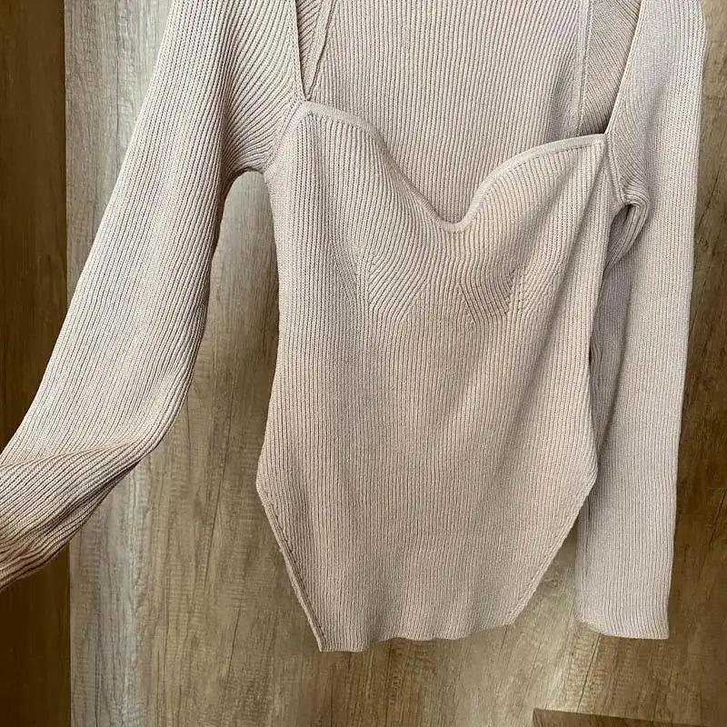 Square Collar Long Sleeve Knitted Pullover Sweater Black and White