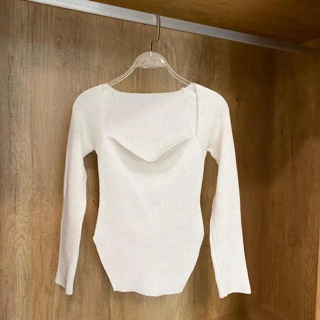 Square Collar Long Sleeve Knitted Pullover Sweater Black and White