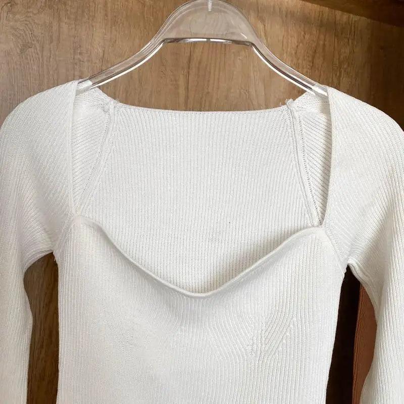 Square Collar Long Sleeve Knitted Pullover Sweater Black and White