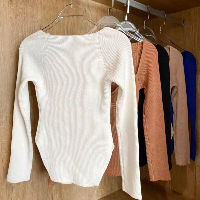 Square Collar Long Sleeve Knitted Pullover Sweater Black and White