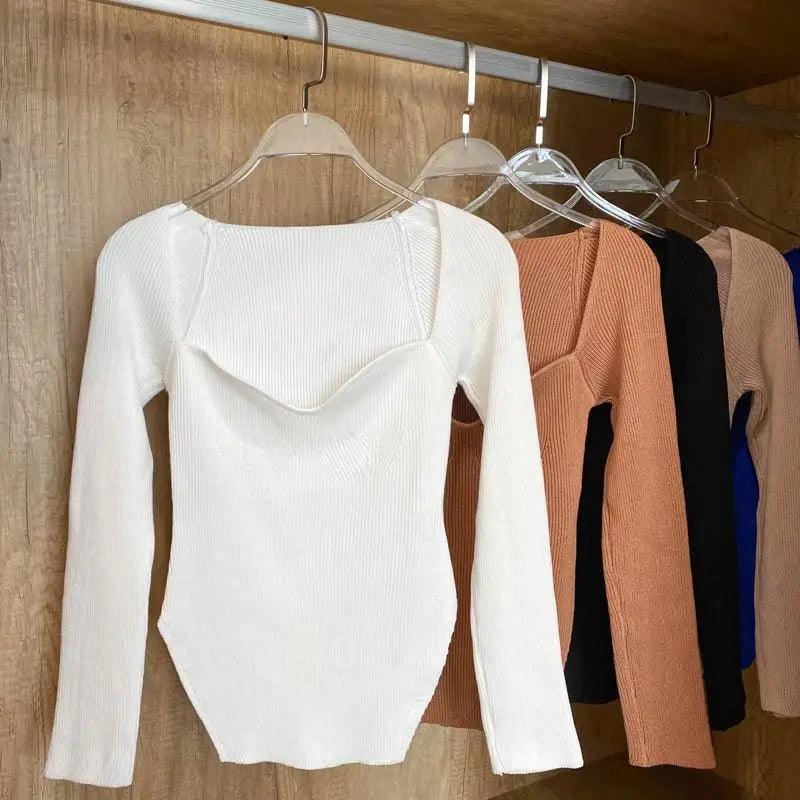 Square Collar Long Sleeve Knitted Pullover Sweater Black and White