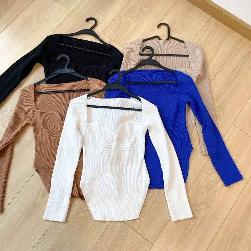 Square Collar Long Sleeve Knitted Pullover Sweater Black and White