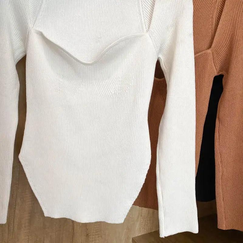 Square Collar Long Sleeve Knitted Pullover Sweater Black and White