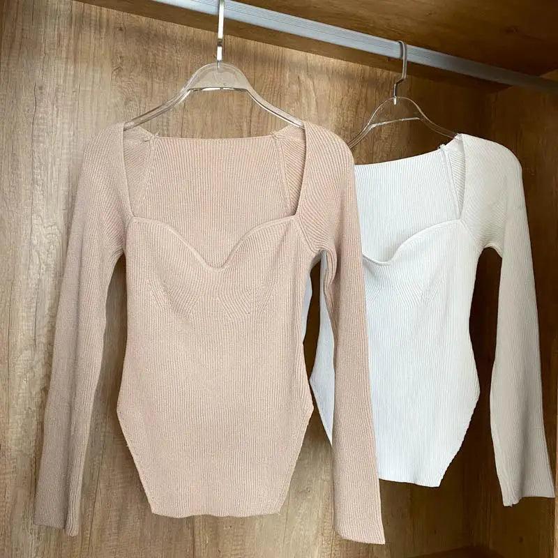 Square Collar Long Sleeve Knitted Pullover Sweater Black and White