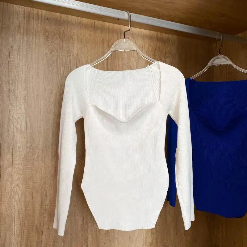 Square Collar Long Sleeve Knitted Pullover Sweater Black and White
