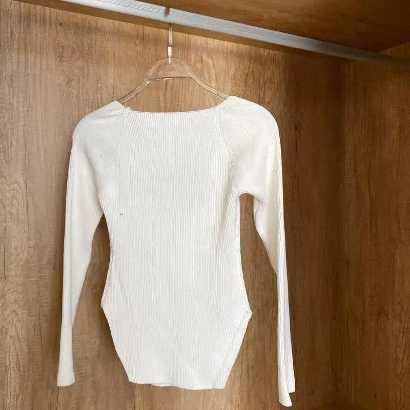 Square Collar Long Sleeve Knitted Pullover Sweater Black and White