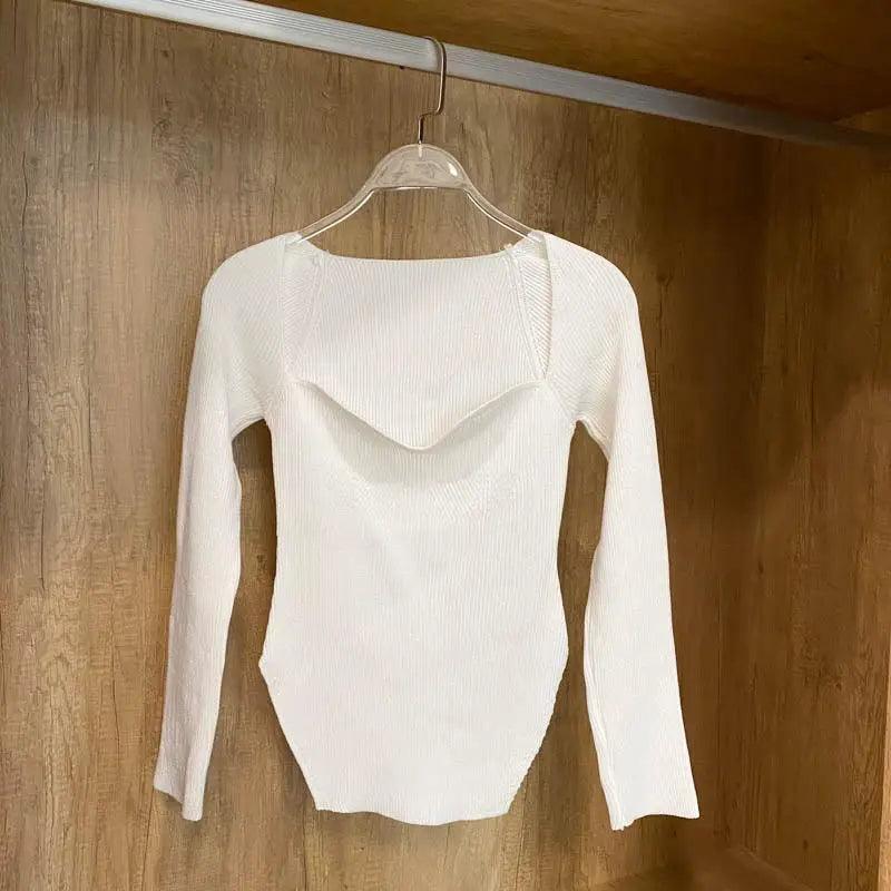 Square Collar Long Sleeve Knitted Pullover Sweater Black and White